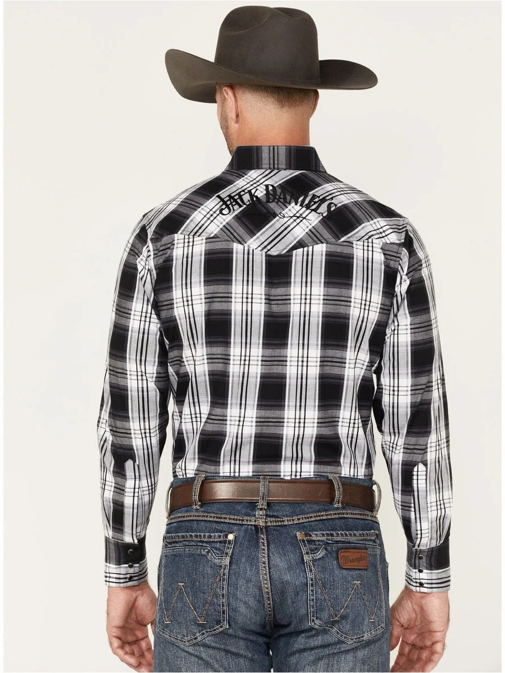 BOOT BARN BARELY WALKER JACK DANIEL'S PLAID PRINT LONG SLEEVE SNAP WESTERN SHIRT